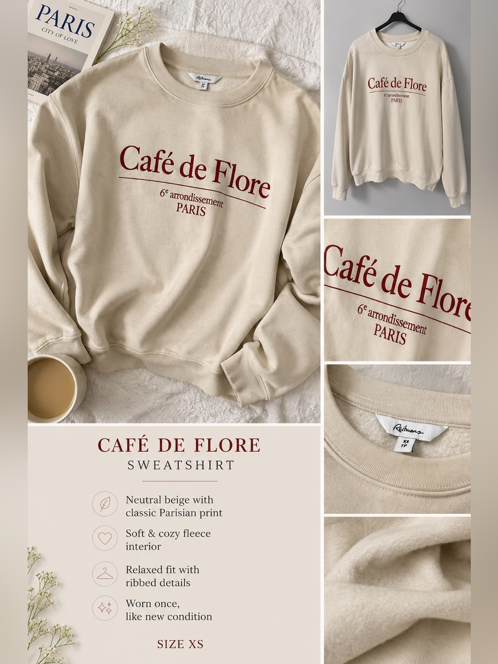 Reitmans Café de Flore Paris Graphic Sweatshirt Cream Red XS